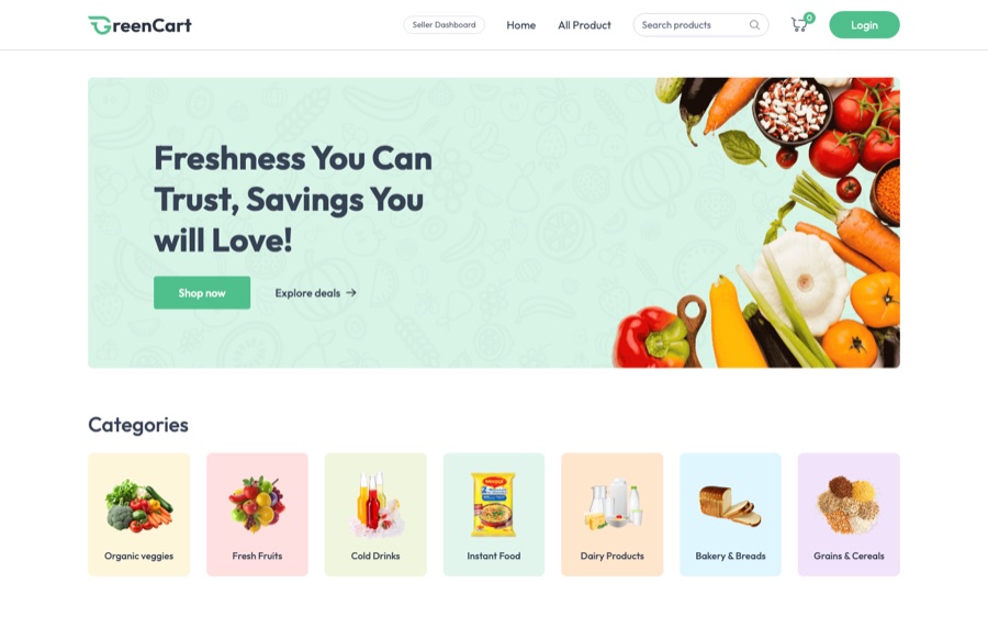 GreenCart homepage with a fresh-produce banner and grocery categories