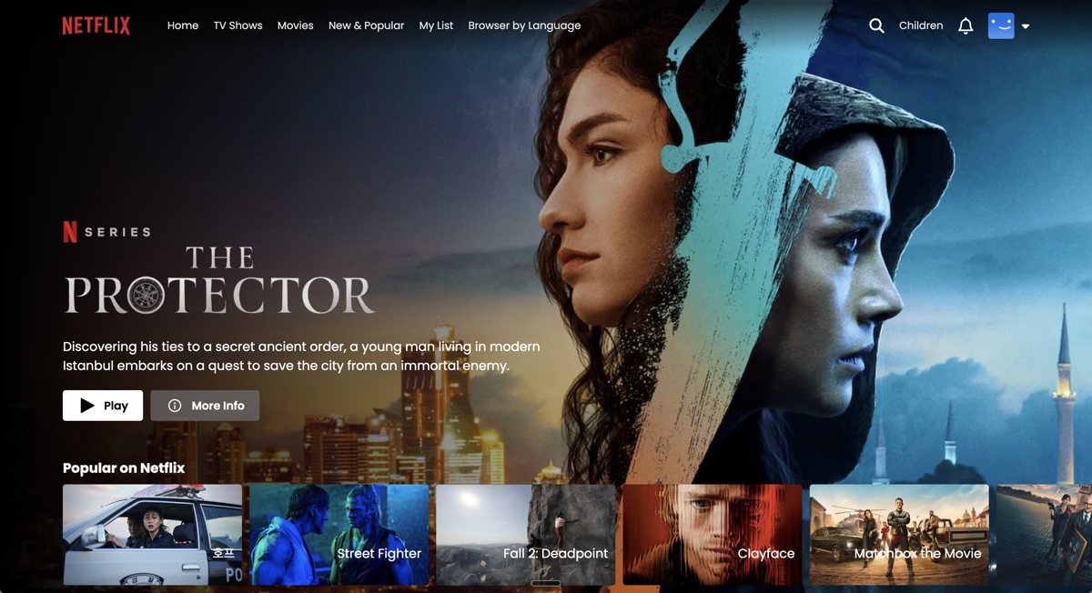 Netflix UI clone home screen with a featured series banner and a Popular on Netflix row